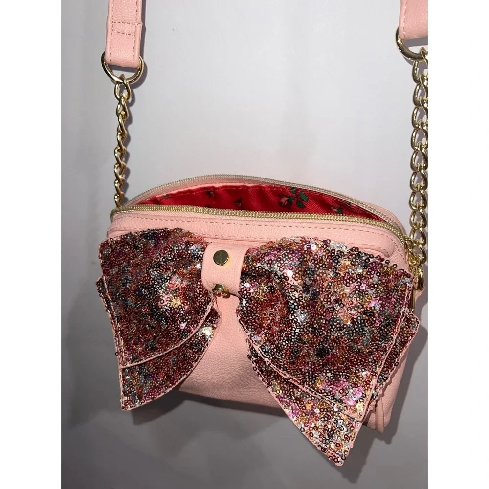 RARE Betsey Johnson Coquette Pink Sequins Bow Crossbody Bag Gold Heart Bag Charm